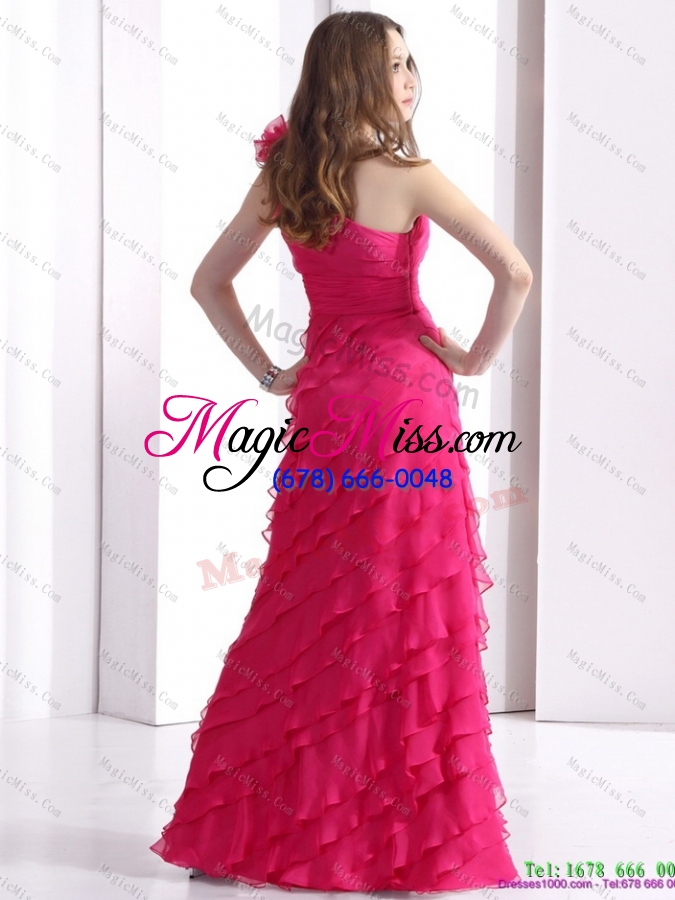 wholesale one shoulder plus size prom dresses with ruffled layers and hand made flower