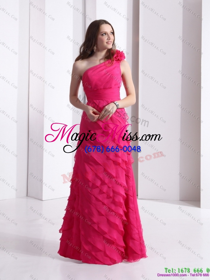 wholesale one shoulder plus size prom dresses with ruffled layers and hand made flower