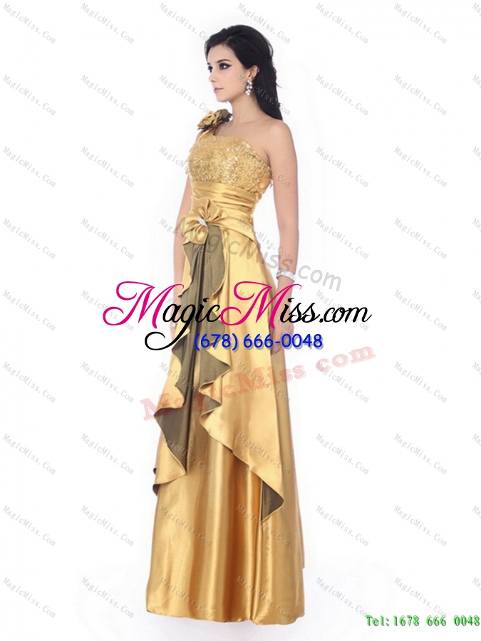 wholesale gorgeous one shoulder gold prom dress with hand made flowers and ruching