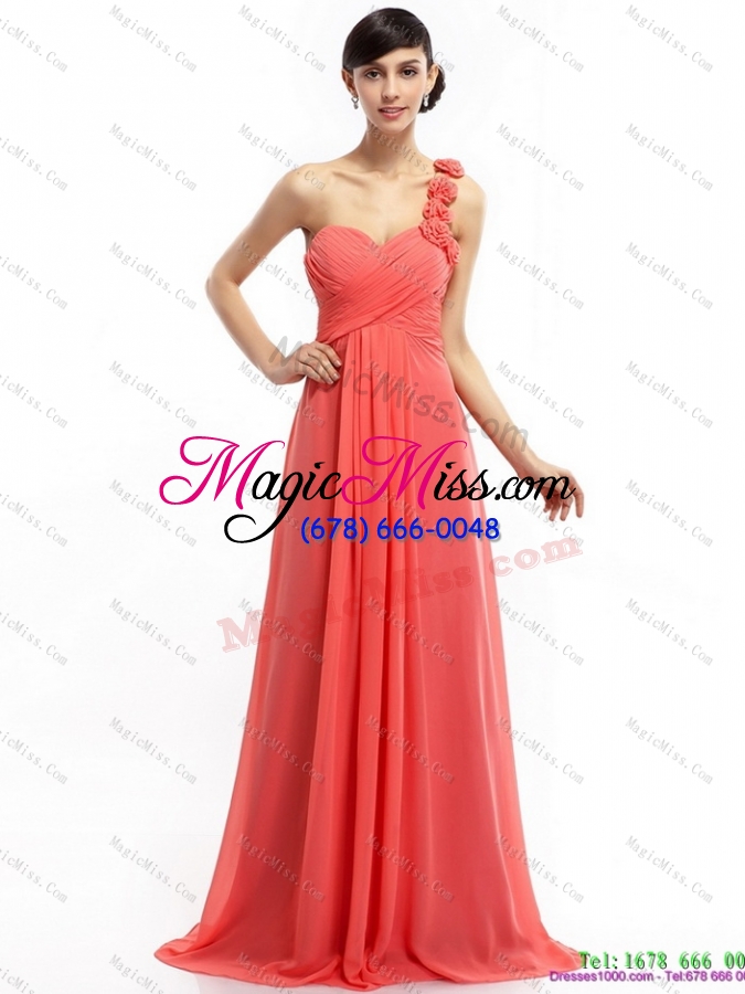 wholesale watermelon red one shoulder plus size prom dresses with brush train and hand made flowers