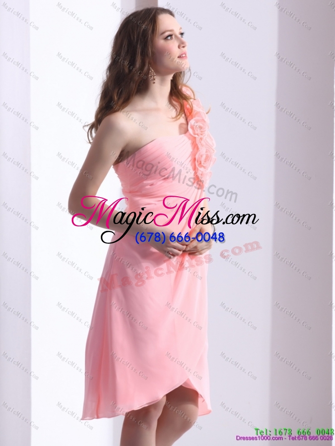wholesale baby pink one shoulder prom dresses with ruching and hand made flowers
