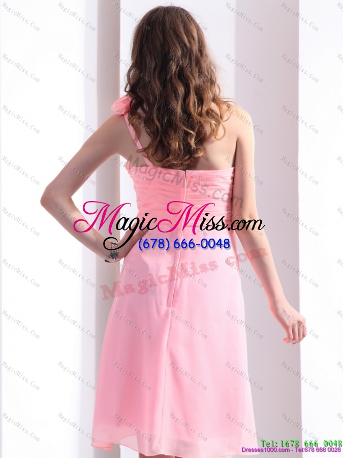 wholesale baby pink one shoulder prom dresses with ruching and hand made flowers