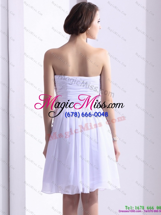 wholesale plus size white strapless prom dresses with ruching and hand made flower