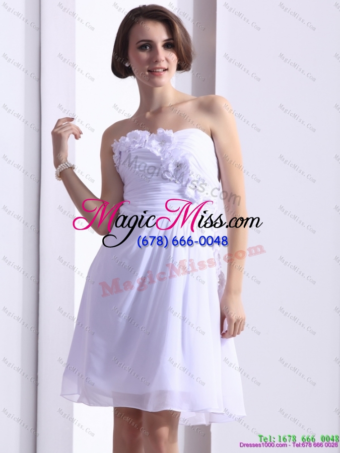wholesale plus size white strapless prom dresses with ruching and hand made flower