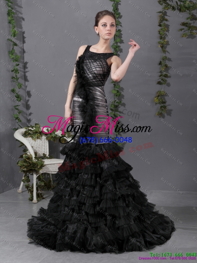wholesale 2015 elegant mermaid prom dress with ruffled layers and brush train