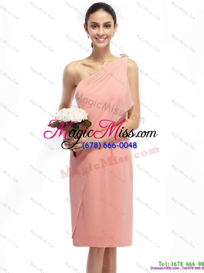 wholesale ruching and hand made flowers 2015 pink  prom dresses with one shoulder