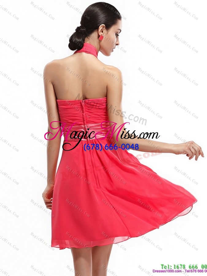 wholesale halter top prom dresses with ruching and hand made flowers
