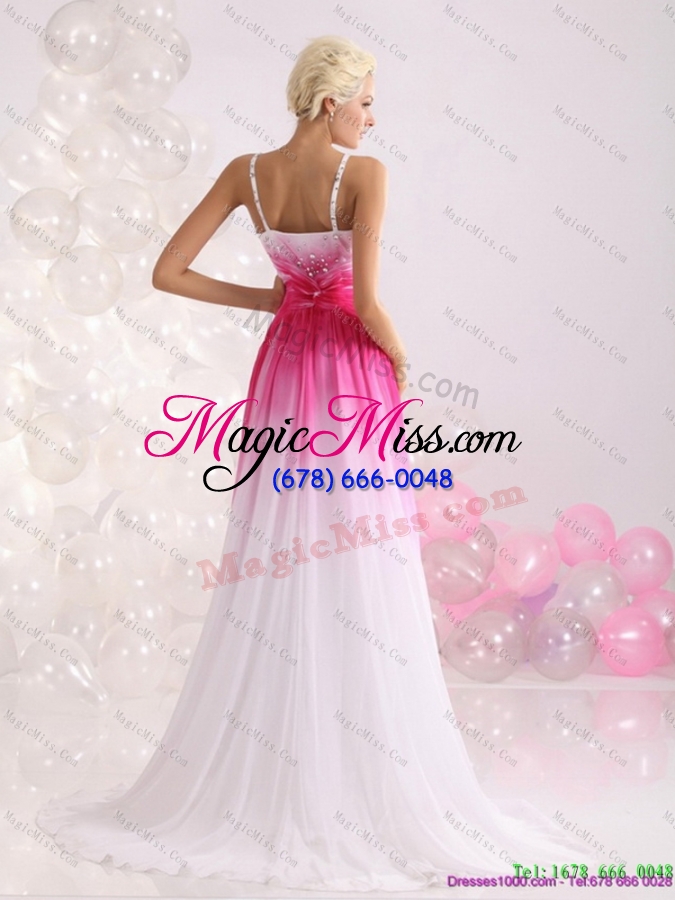 wholesale 2015 romantic spaghetti straps brush train prom dress with paillettes