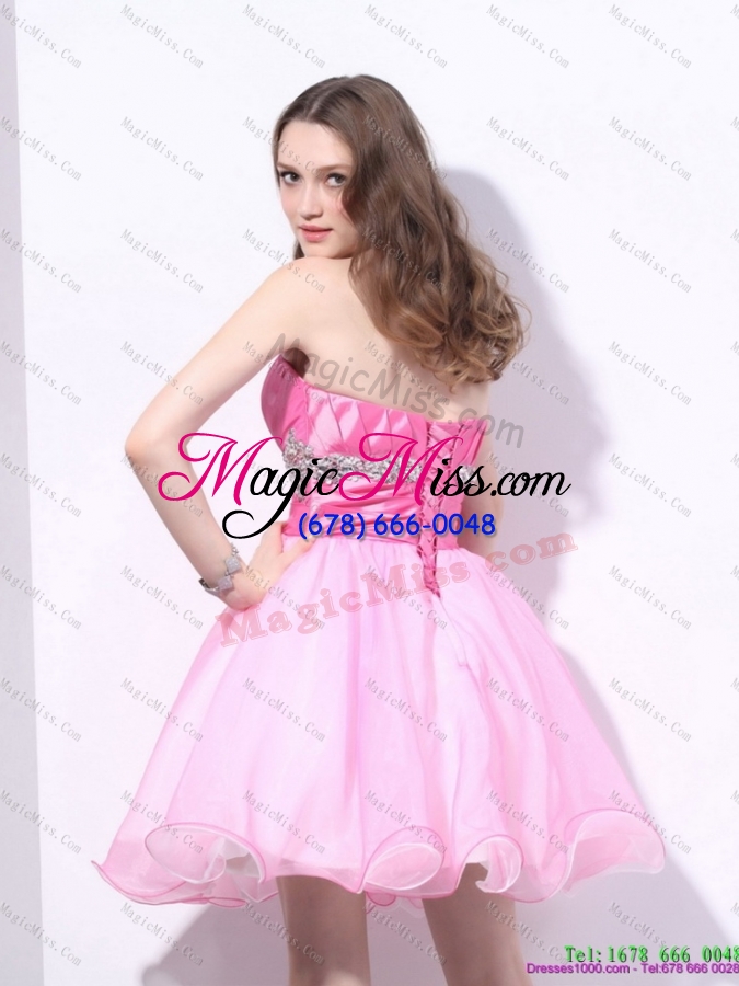 wholesale rose pink 2015 mini length prom dresses with beading and ruching