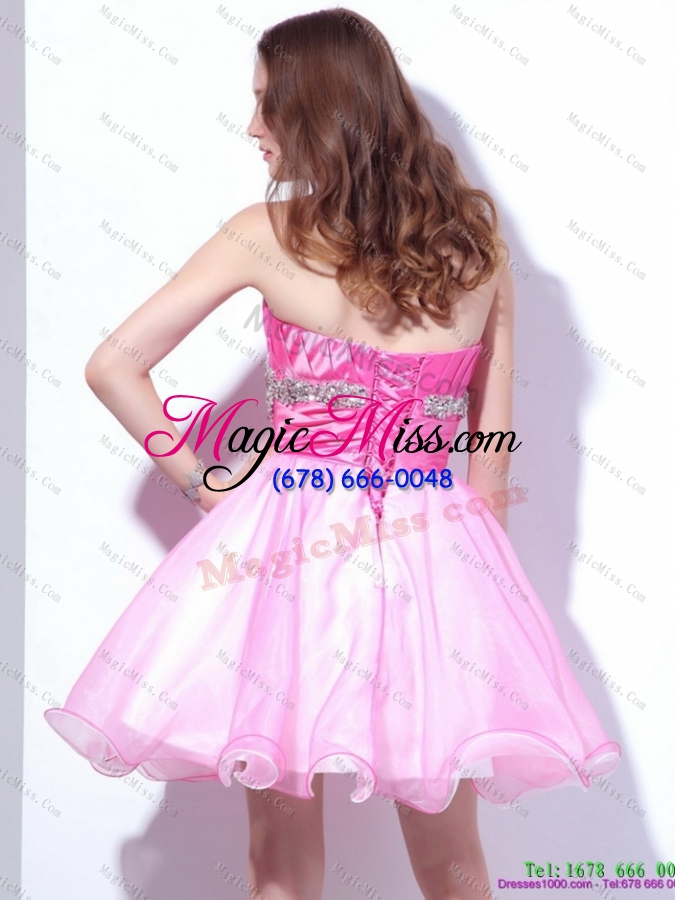 wholesale rose pink 2015 mini length prom dresses with beading and ruching