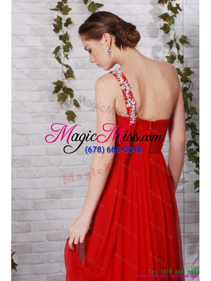 wholesale popular 2015 one shoulder red prom dress with beadings and brush train