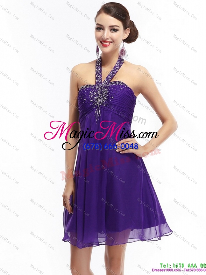 wholesale purple beading halter top 2015 dama dresses with ruching