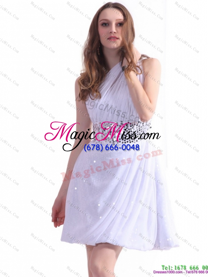 wholesale 2015 discount one shoulder white prom dress with ruching and sequins
