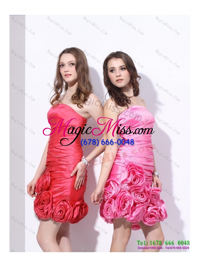 wholesale popular strapless 2015 prom dress with ruching and hand made flowers