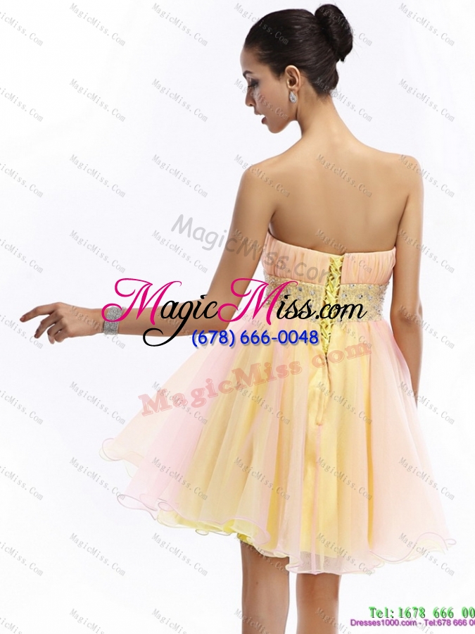 wholesale 2015 beautiful strapless multi color prom dress with beading and ruching