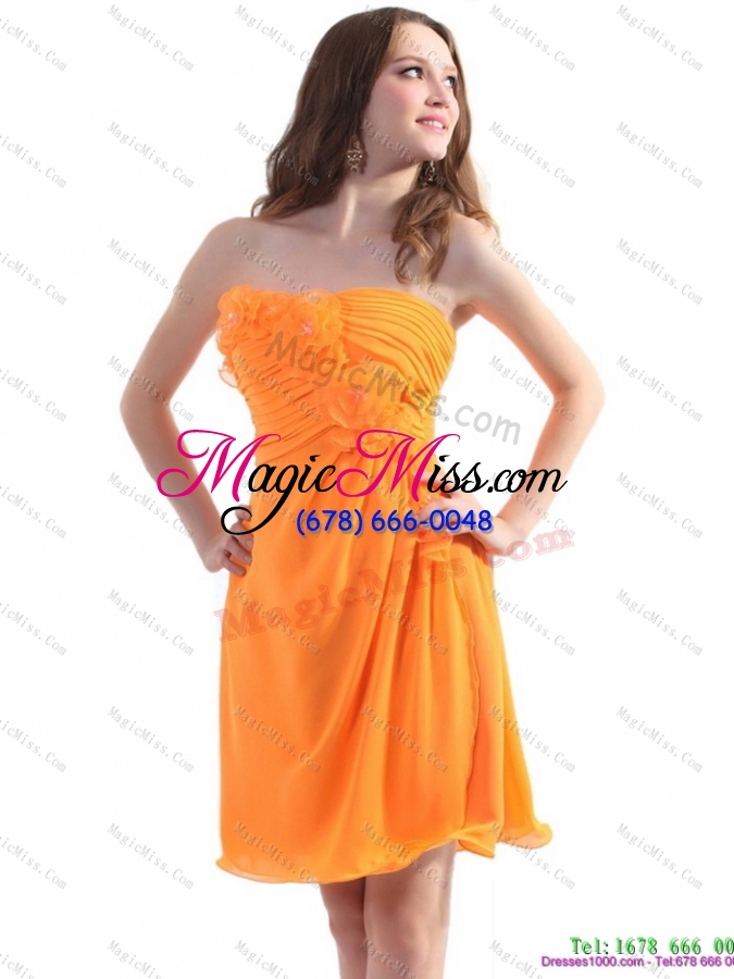 wholesale 2015 gorgeous strapless orange prom dress with hand made flowers and ruching