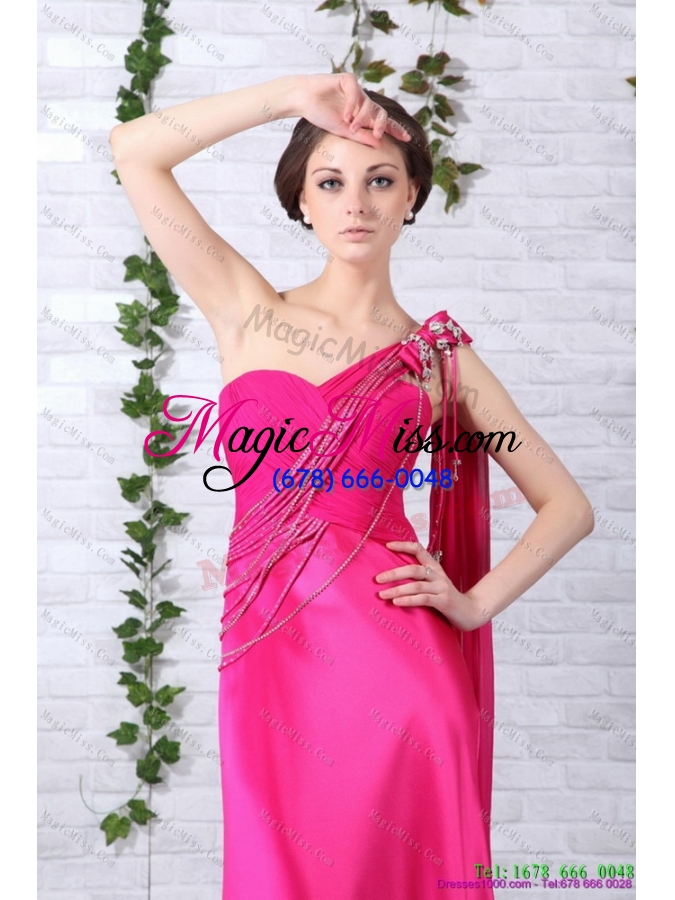 wholesale elegant 2015 one shoulder fuchsia prom dress with beading and ruching