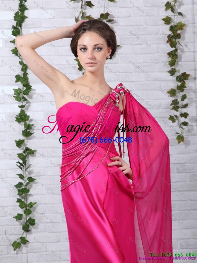 wholesale elegant 2015 one shoulder fuchsia prom dress with beading and ruching