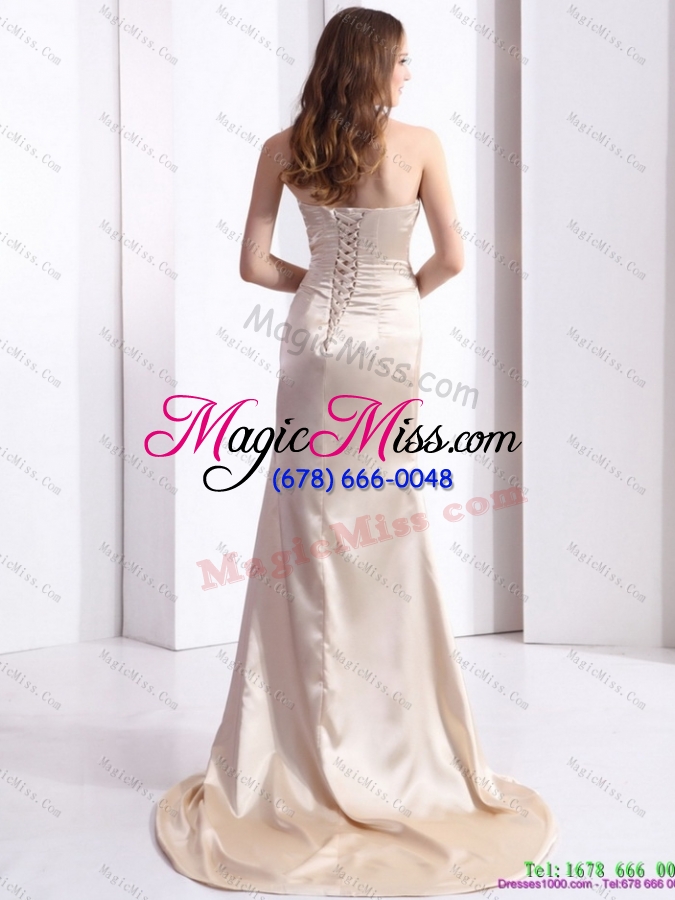 wholesale elegant 2015 prom dress with brush train and ruching