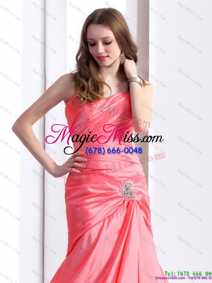 wholesale affordable ruching and beading prom dress with brush train