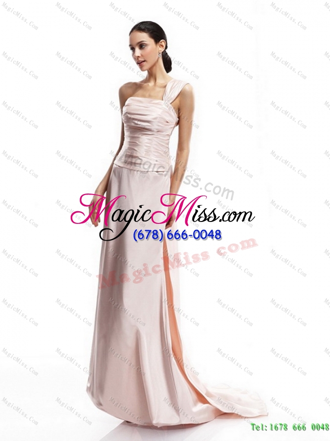 wholesale plus size champagne one shoulder ruching prom dresses with brush train
