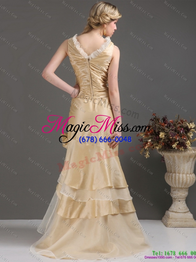 wholesale plus size champagne long prom dresses with ruffles and hand made flower