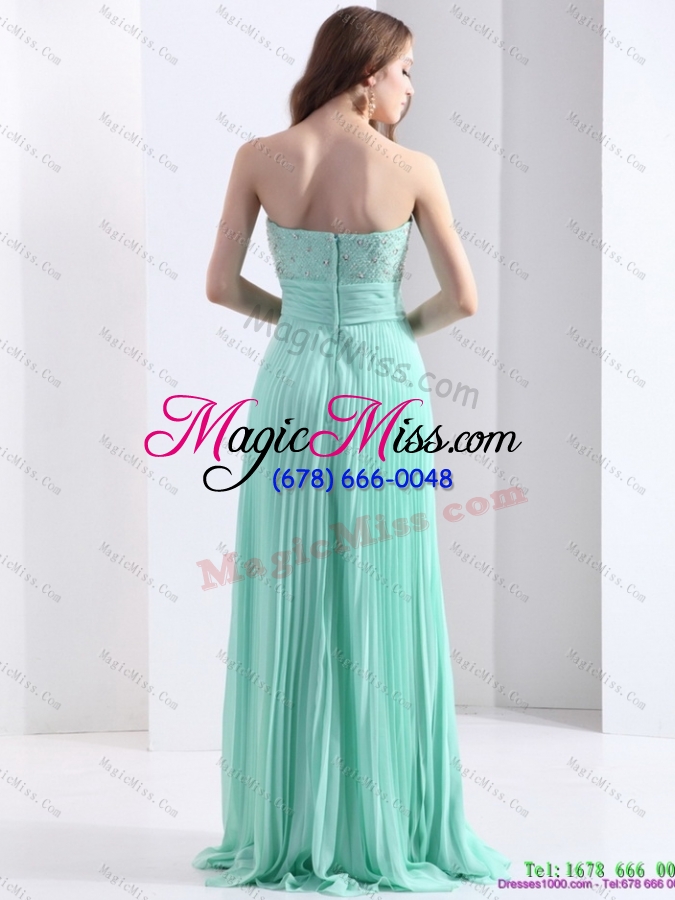 wholesale 2015 brush train apple green prom dress with beading and pleats