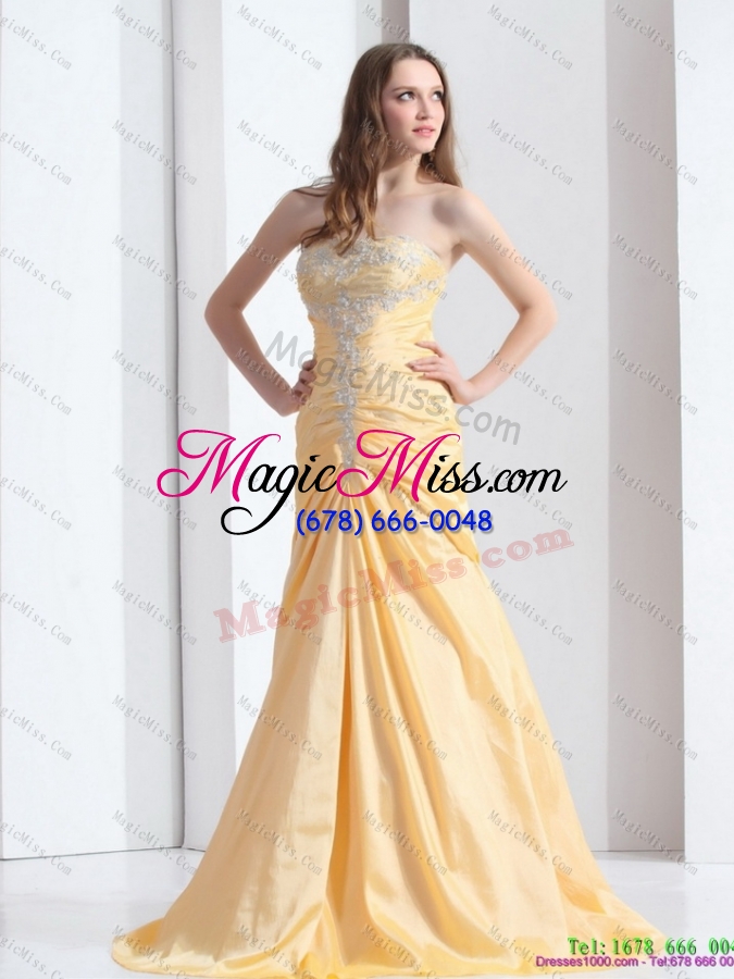 wholesale plus size brush train gold prom dresses with ruching and beading