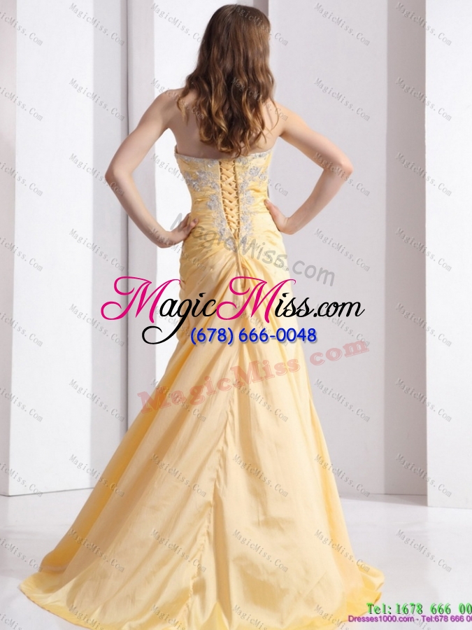 wholesale plus size brush train gold prom dresses with ruching and beading