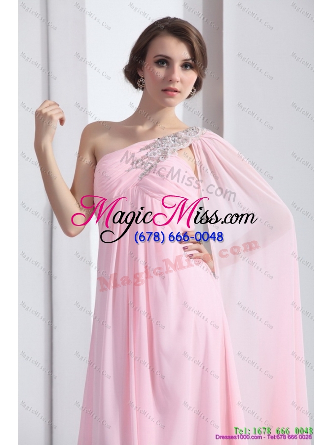 wholesale perfect 2015 one shoulder baby pink prom dress with ruching and beading
