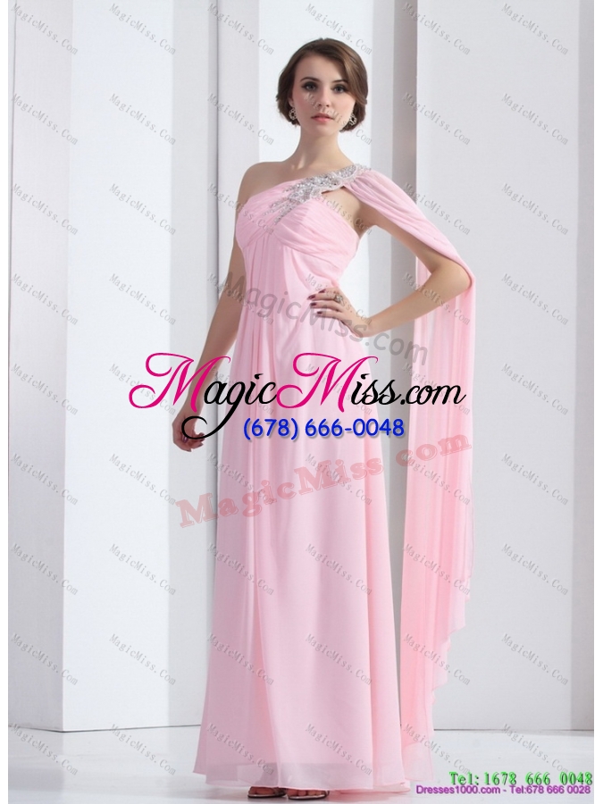 wholesale perfect 2015 one shoulder baby pink prom dress with ruching and beading