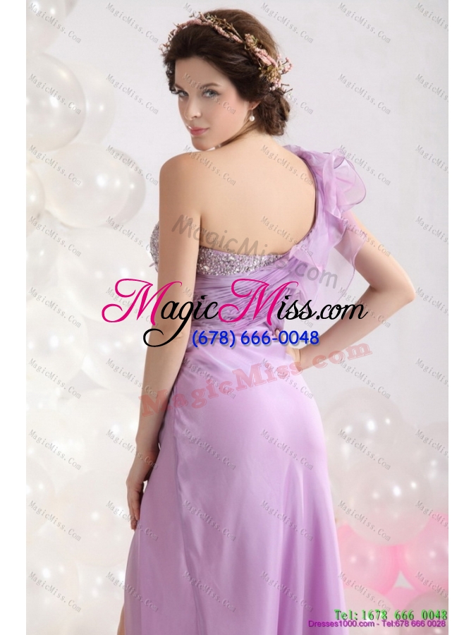 wholesale 2015 beautiful empire one shoulder prom dress with beading and high slit