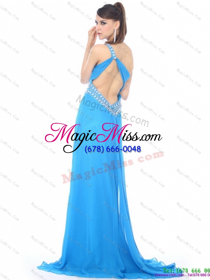 wholesale elegant and plus size 2015 one shoulder blue long prom dress with rhinestones