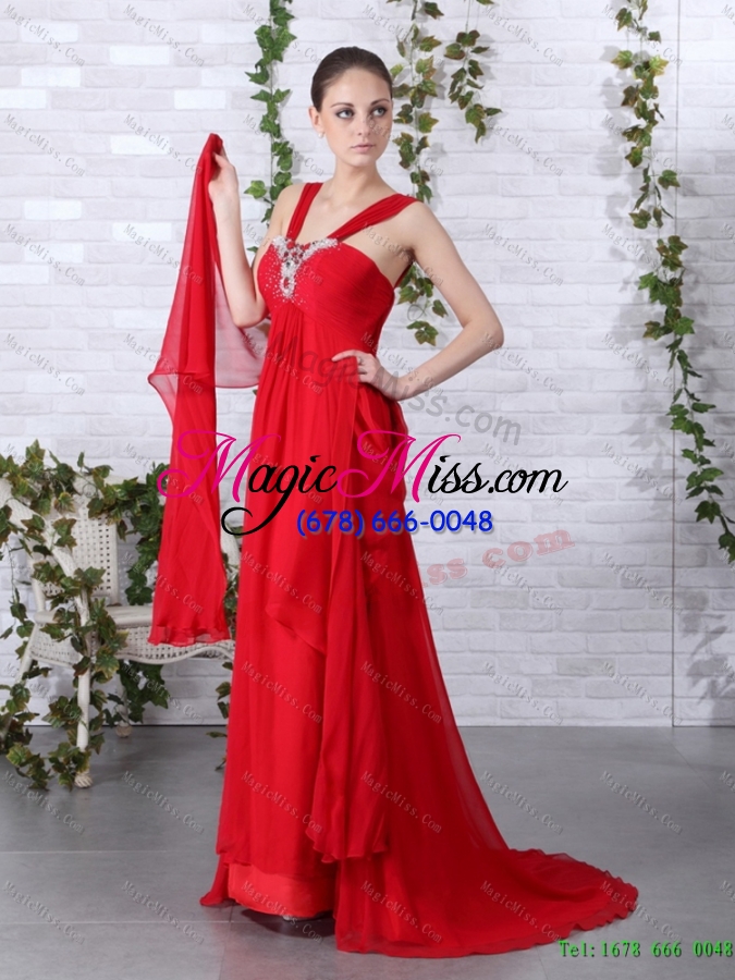 wholesale 2015 beautiful and plus size empire red prom dress with brush train and beading