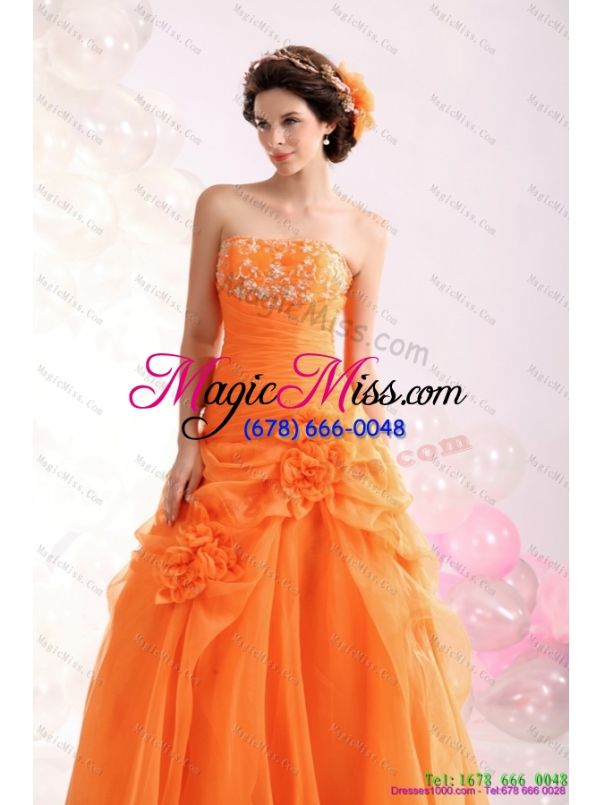 wholesale 2015 luxurious strapless orange red prom dress with hand made flowers and beading