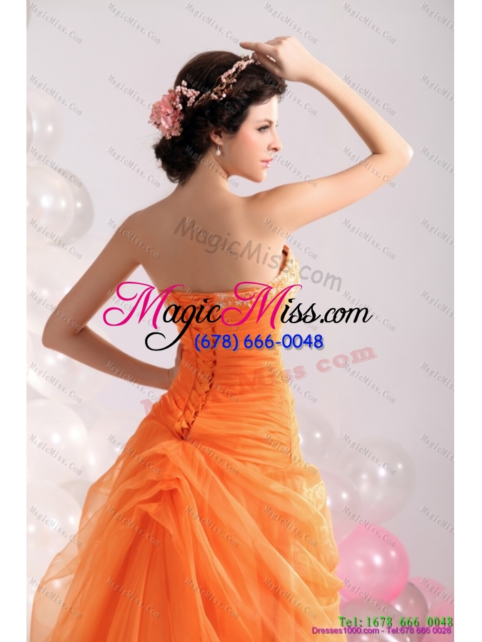 wholesale 2015 luxurious strapless orange red prom dress with hand made flowers and beading