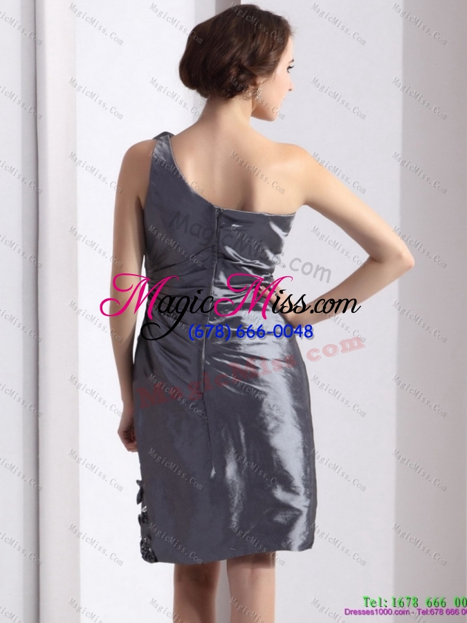 wholesale 2015 modest and plus size one shoulder knee length prom dress with hand made flowers and ruching
