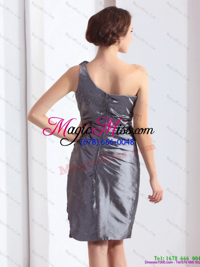 wholesale 2015 modest and plus size one shoulder knee length prom dress with hand made flowers and ruching