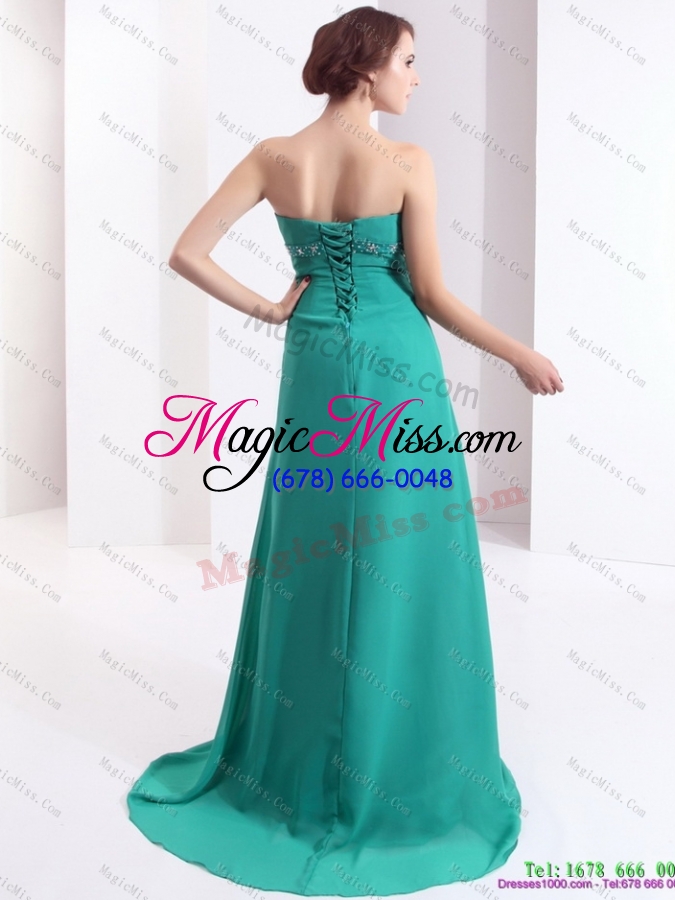 wholesale affordable and plus size 2015 strapless brush train prom dress with beading and ruching