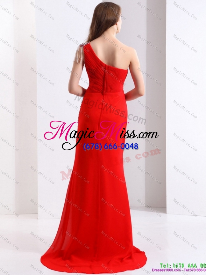 wholesale elegant and plus size 2015 one shoulder red prom dress with beadings and brush train