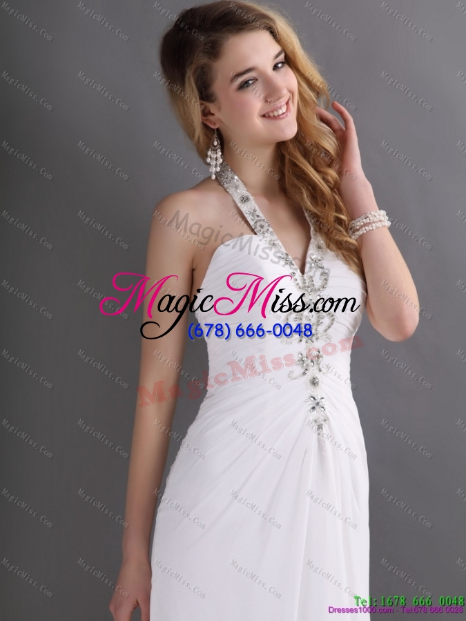 wholesale beautiful and plus size 2015 halter top white prom dress with ruching and beading