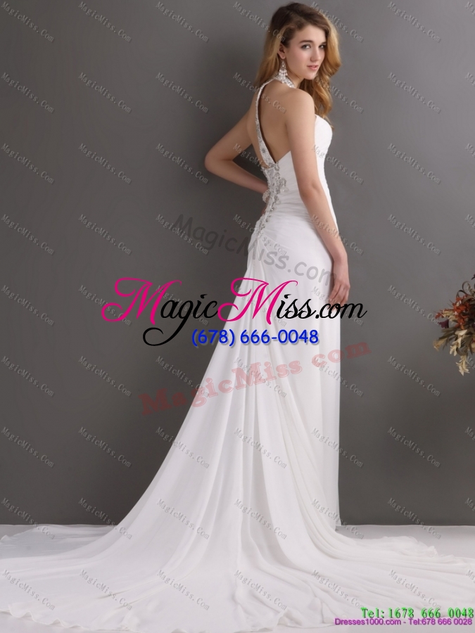 wholesale beautiful and plus size 2015 halter top white prom dress with ruching and beading