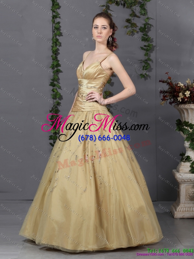 wholesale luxurious and plus size 2015 spaghetti straps champagne prom dress with ruching and beading