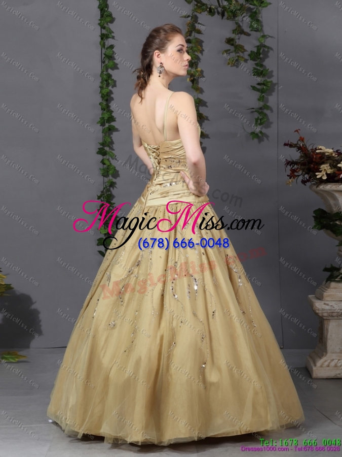 wholesale luxurious and plus size 2015 spaghetti straps champagne prom dress with ruching and beading