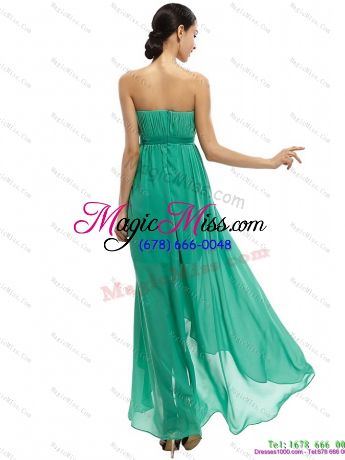 wholesale turquoise high low beading prom dresses with ruching and bownot