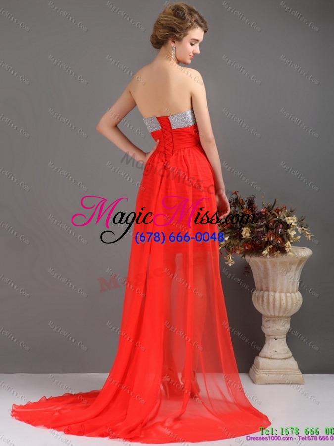 wholesale brush train red high low prom dresses with ruching and beading