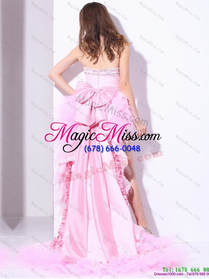 wholesale baby pink ruffled one shoulder high low prom dresses with hand made flower and beading
