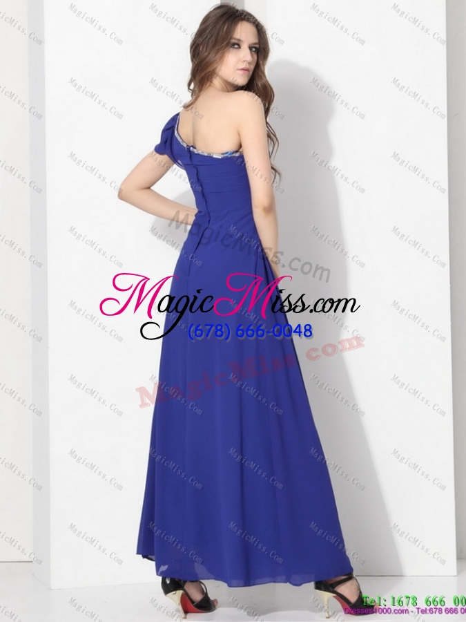 wholesale 2015 modest one shoulder blue dama dress with ruching and beading