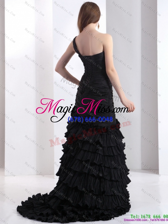 wholesale brush train 2015 black dama dresses with one shoulder and ruffled layers