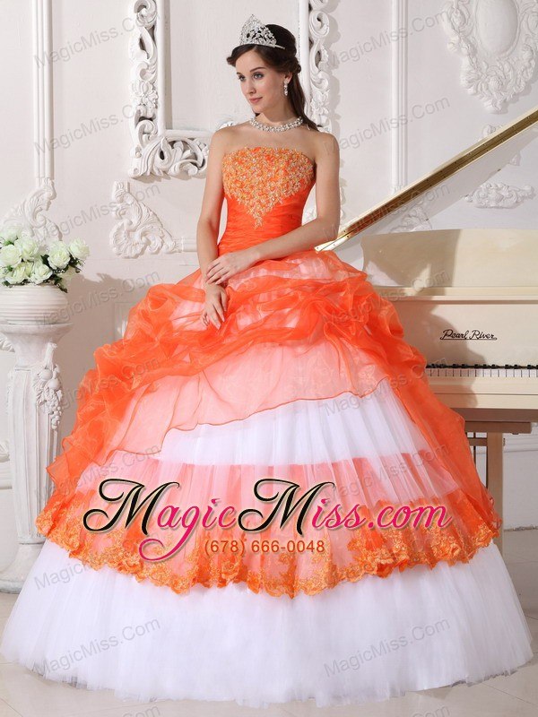 wholesale orange and white ball gown strapless floor-length taffeta and organza appliques quinceanera dress